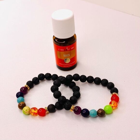 Young Living Raven 15 ml (2) Essential Oil Chakra Diffuser Lava Rock Bracelets - Picture 1 of 5